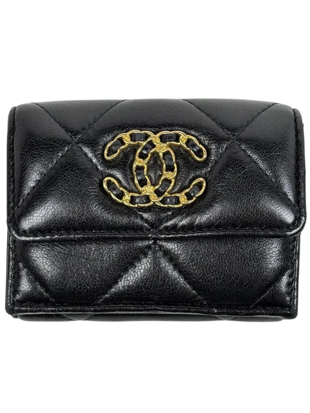 Chanel CC Logo Bifold Wallet 19 Small Flap Leather Black